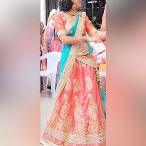 Coral & Teal Indian Lehenga Set | Size S-M
